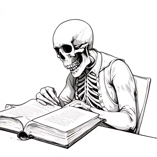 skeleton reading book at bar, brooding tattoo design idea