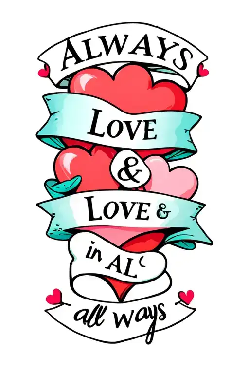 "Always Love & Love in all ways" "Always Love & Love in all ways" different sized hearts grouped together with a ribbon banner  tattoo design idea