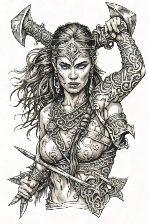 valkarie woman warrior, blue eyes, mostly nude, carrying axes tattoo design idea