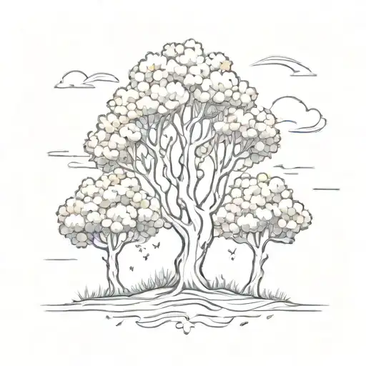A sketch style tattoo of a family of trees, each tree representing a family member with their favorite flower blooming at the top tattoo design idea
