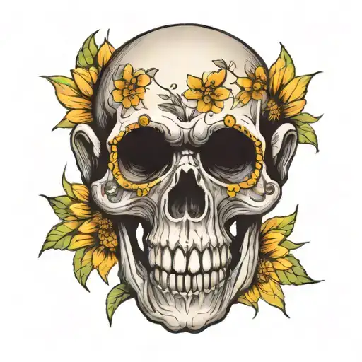 a monkey skull with sunflowsr tattoo design idea