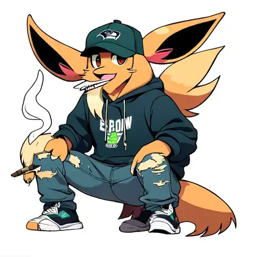 male anthro Flareon wearing a backwards Seahawks cap and backwoods hoodie and ripped jeans and Jordans smoking a blunt tattoo design idea