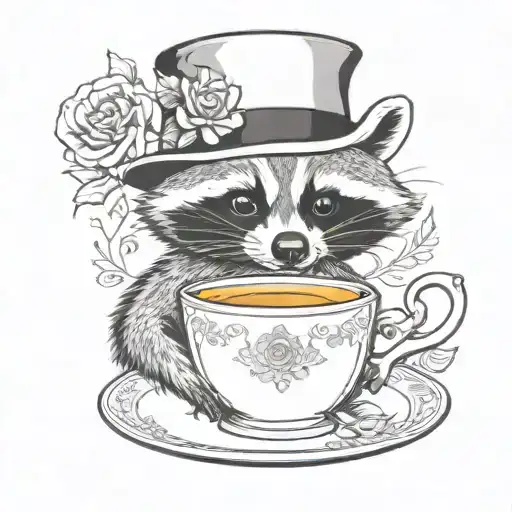 raccoon wearing monocle and bowler hat adorned with intricate floral patterns holding English tea cup and saucer  tattoo design idea