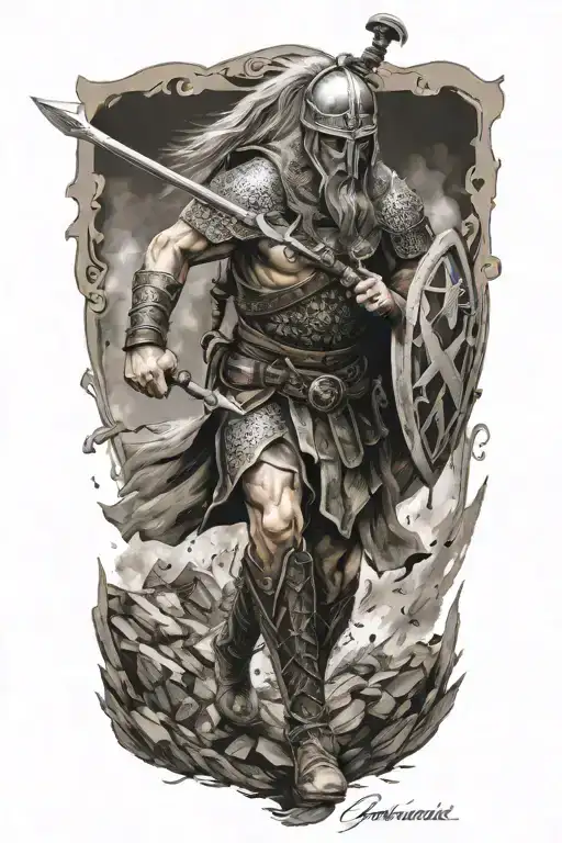 Germanic warrior in battle scene tattoo design idea