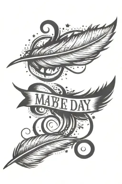 feather with stars around it and the words "maybe one day" written tattoo design idea