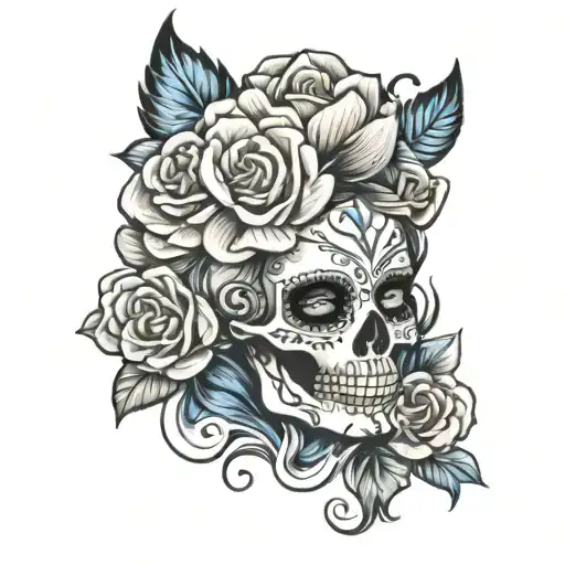 catrina with blue flowers tattoo design idea