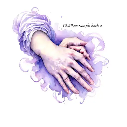"I'd tell them put me back in i" the hands of Francesca and Paolo from the painting by George Frederick Watts with purple wispy swirls around them  tattoo design idea
