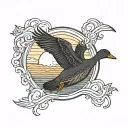 black duck outline and colorful sunset memorial tattoo with quote "come back to earth" tattoo design idea