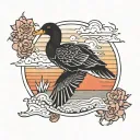 black duck outline and colorful sunset memorial tattoo with quote "come back to earth" tattoo design idea