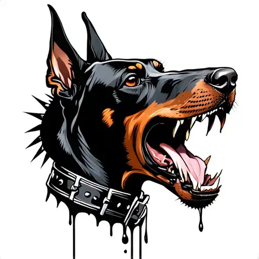 Doberman head in profile with spiked collar, snarling open mouth, dripping saliva, blackwork tattoo style, ultra clean o tattoo design idea