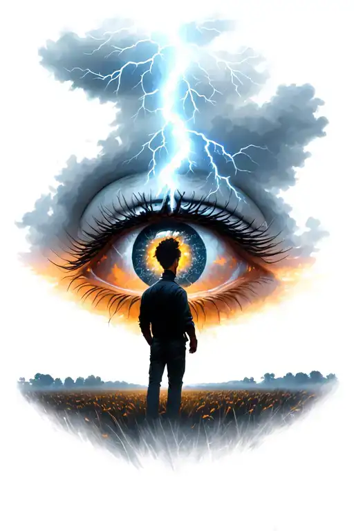 eye of the storm with a thunderstrike towards a man silhouette in a field tattoo design idea