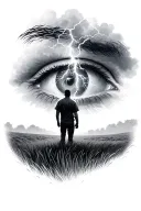 eye of the storm with a thunderstrike towards a man silhouette in a field tattoo design idea