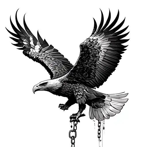 A detailed tattoo of an eagle in flight, each feather representing a broken chain tattoo design idea