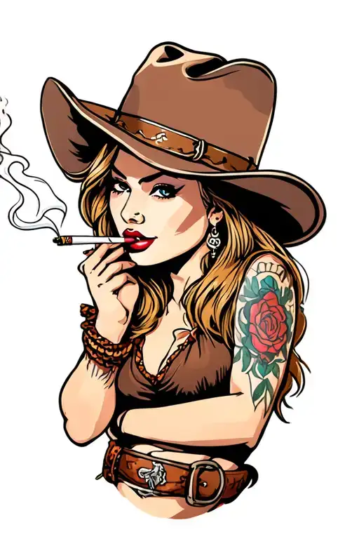 cowgirl smoking cigarette tattoo design idea