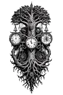 gothic tree of life with midevil roots intertwined with v-twin motor, libra scales and a clock tattoo design idea