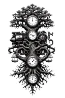 gothic tree of life with midevil roots intertwined with v-twin motor, libra scales and a clock tattoo design idea