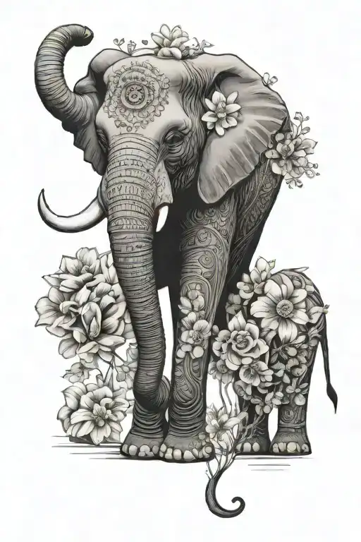 realistic elephant with fine line flowers surrounding tattoo design idea