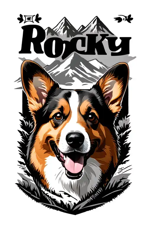 "Rocky" corgi memorial tattoo with mountain landscape and some geometric  tattoo design idea