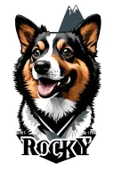 "Rocky" corgi memorial tattoo with mountain landscape and some geometric  tattoo design idea