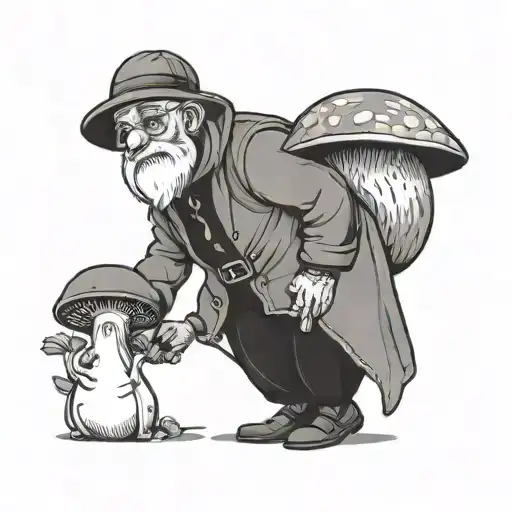 Cute grandpa in a full-length mushroom costume tattoo design idea