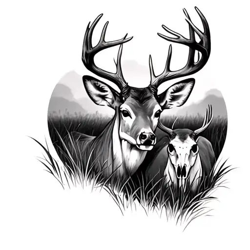 a buck deer, in a feild, with a doe deer skull, grieving tattoo design idea
