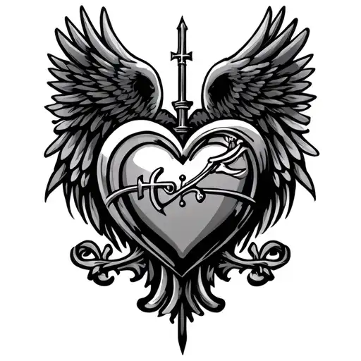 saints logo incorporated with heart and wings spread wide behind heart tattoo design idea