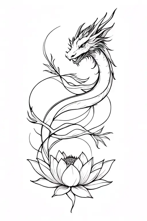 A minimalist line tattoo design of a sleek dragon wrapped gracefully around a blooming lotus flower, in bold black ink.  tattoo design idea