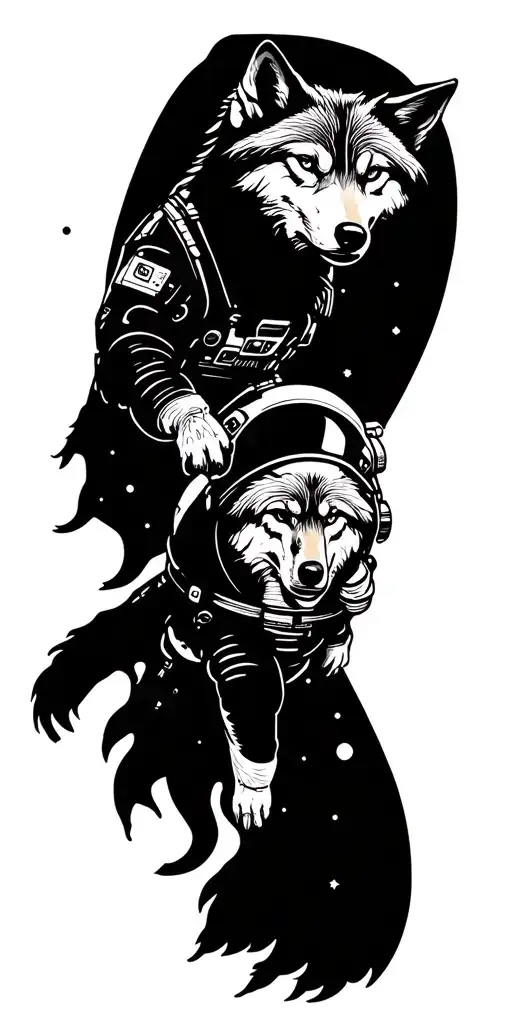 wolf and astronaut floating in space tattoo design idea