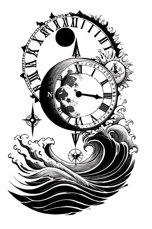 moon, sun, clock, compass, waves, posseidon tattoo design idea
