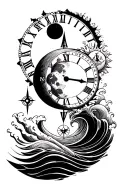moon, sun, clock, compass, waves, posseidon tattoo design idea