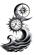 moon, sun, clock, compass, waves, posseidon tattoo design idea