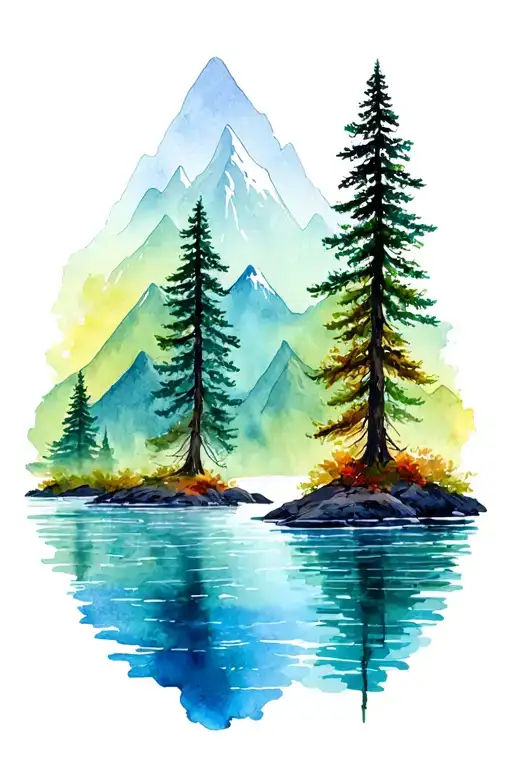trees water mountains pnw tattoo design idea