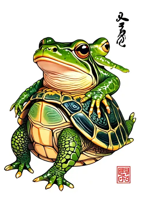 Japanese style turtle ridden by a frog tattoo design idea
