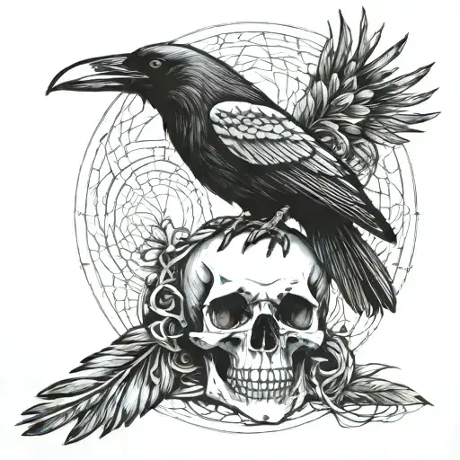 A raven perched on a skull with intricate line work, and viking rune patterns woven into the feathers and skull. tattoo design idea