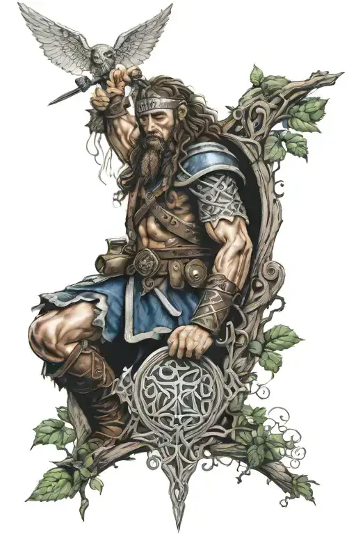 Scottish warrior under Celtic tree of life tattoo design idea