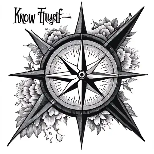 A compass rose with the quote 'Know Thyself' in a bold font tattoo design idea