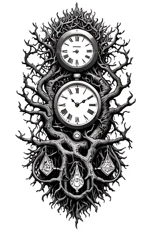 midevil tree of life with roots, libra scales, v-twin engine and a clock intertwined  tattoo design idea