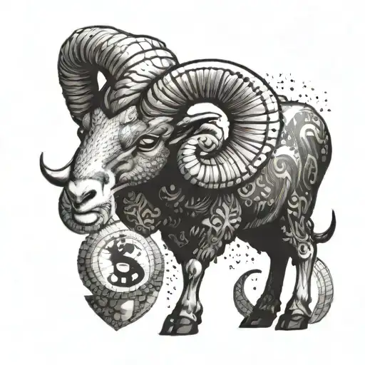 Create a tattoo of a powerful ram (Aries zodiac symbol) surrounded by money symbols tattoo design idea