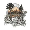 Arm full sleeve tattoo  Thriller Mystery Nighttime Guitar Music Rock Fog Weather Cold Skulls Forrest Cabins Water Mounta tattoo design idea