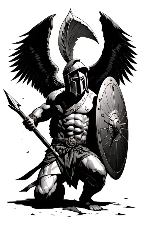 a Spartan on his knees holding a spear with a broken shield and wings tattoo design idea