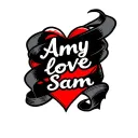 "Amy love Sam " red heart with banner wrapped tattoo design idea