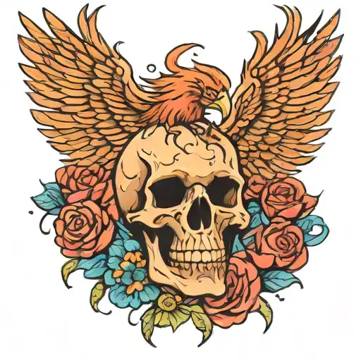 phoenix flying out of a skull with flowers intertwined tattoo design idea
