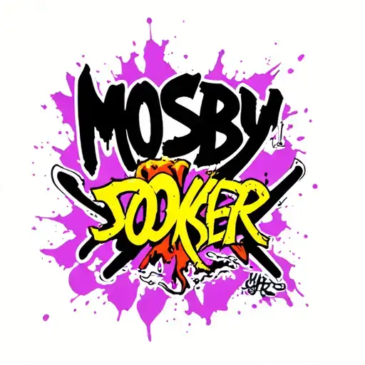 CENTERPIECE (Upper Back / SpineFocus):• Bold Graffiti-style "MOSBY":• Lettering styled with a Joker flair - twisted,  tattoo design idea