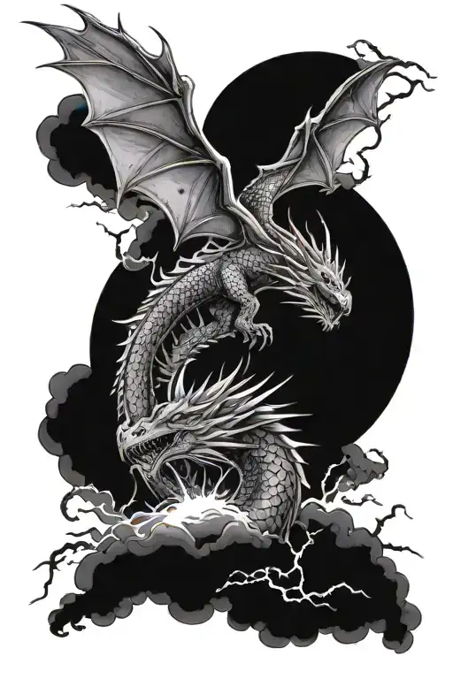 dragon in the sky with lightening and 13 stars tattoo design idea