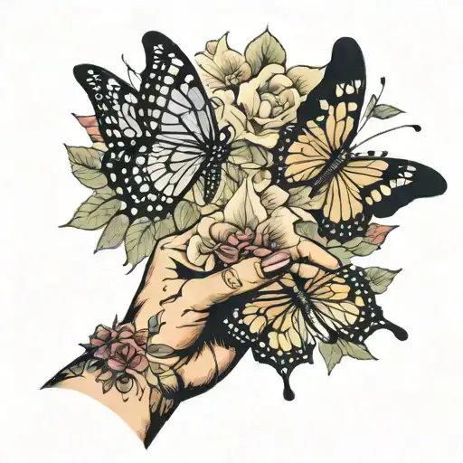 Butterflies fly over a woman's hand, and a man's hand gives a flower tattoo design idea