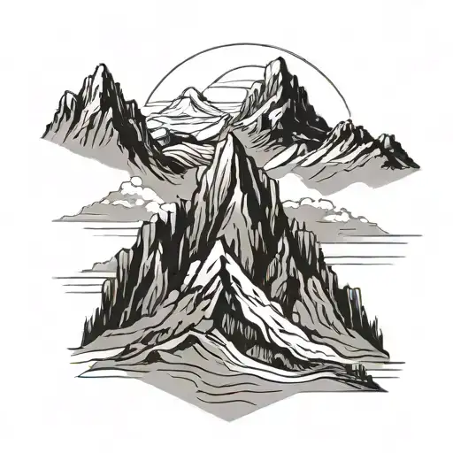 3 mountain peaks the one in the middle being the largest with a silhouette of man with a flag  simple tattoo design idea