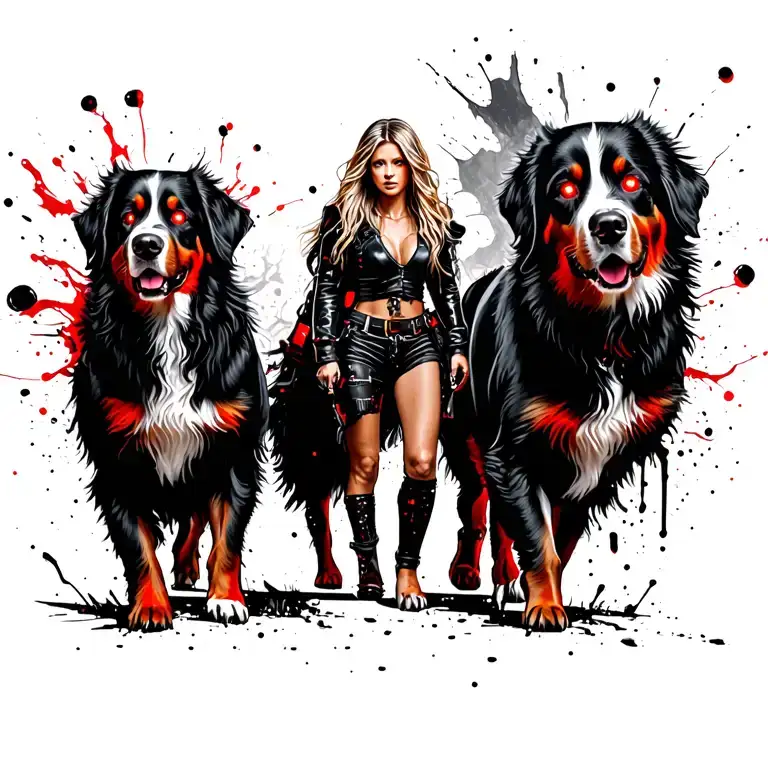 Dark Fantasy style - 2 mystic bernese mountain dogs with glowing red eyes, being walked by a female blonde assasin tattoo design idea