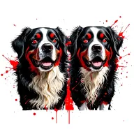 Dark Fantasy style - 2 mystic bernese mountain dogs with glowing red eyes, being walked by a female blonde assasin tattoo design idea