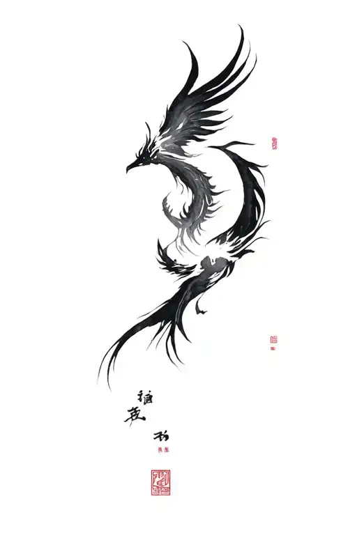phoenix rising from wabi sabi japanese calligraphy tattoo design idea