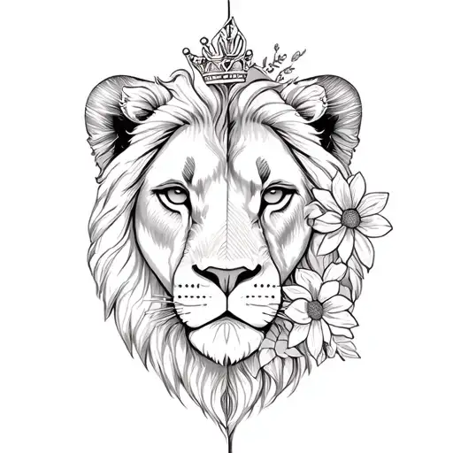 Half of the face of a lion, half the face of a lioness, 3 flowers and a little lion girl with a crown tattoo design idea